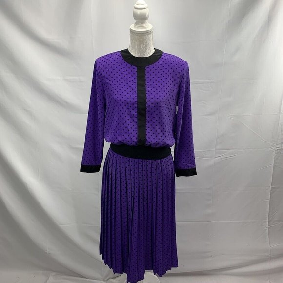 Andrea Gayle Petites Women's 2 Piece Skirt Set Polka Dots Pleats Vintage Size 6P - Picture 1 of 8